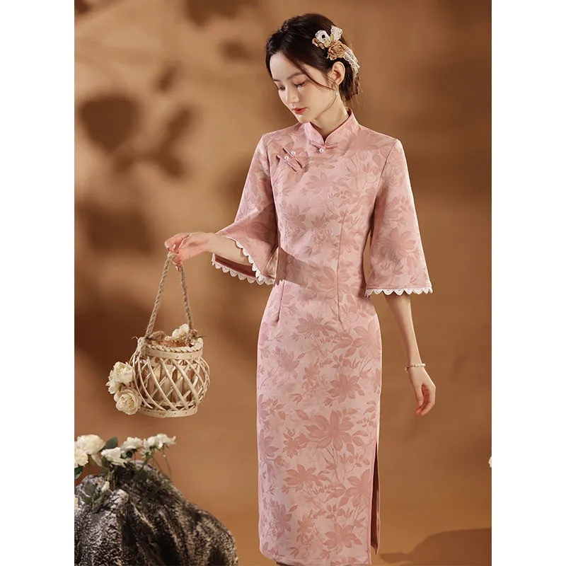 

Women Retro Chinese Style Slim Cheongsam New Summer Trumpet Half Sleeve Elegant Party Side Slitting Dress Qipao