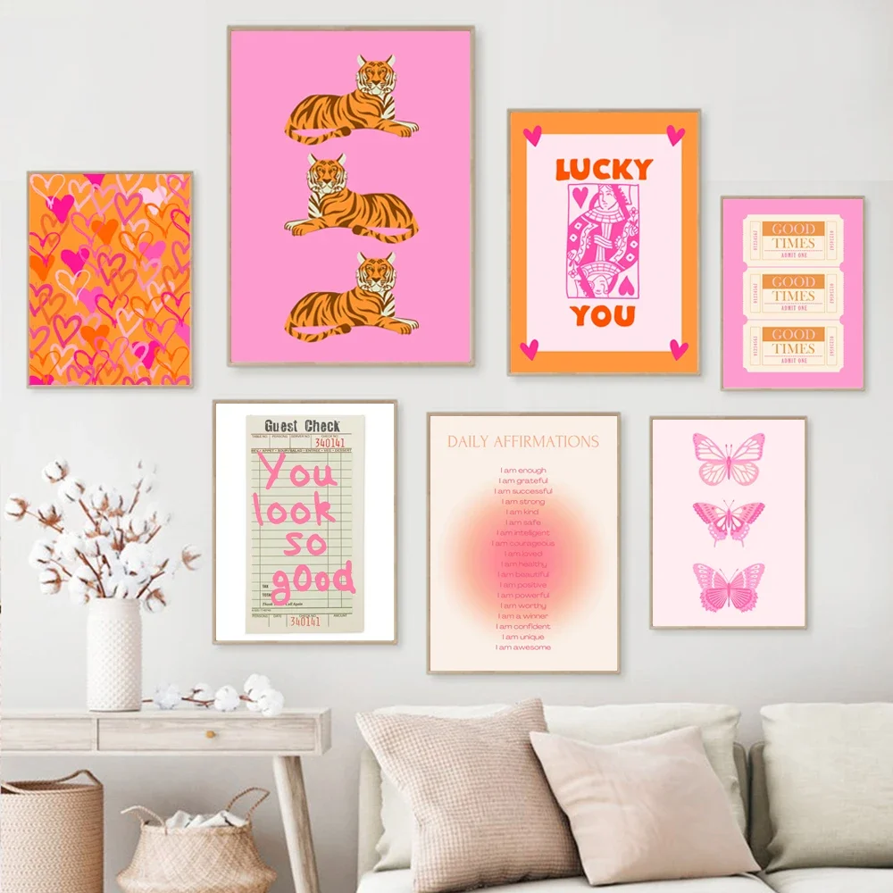 No Framed Printing Picture Cheetah Leopard Print Preppy Pink Orange Gallery Poster Maximalist Girly Trendy Wall Art Canvas