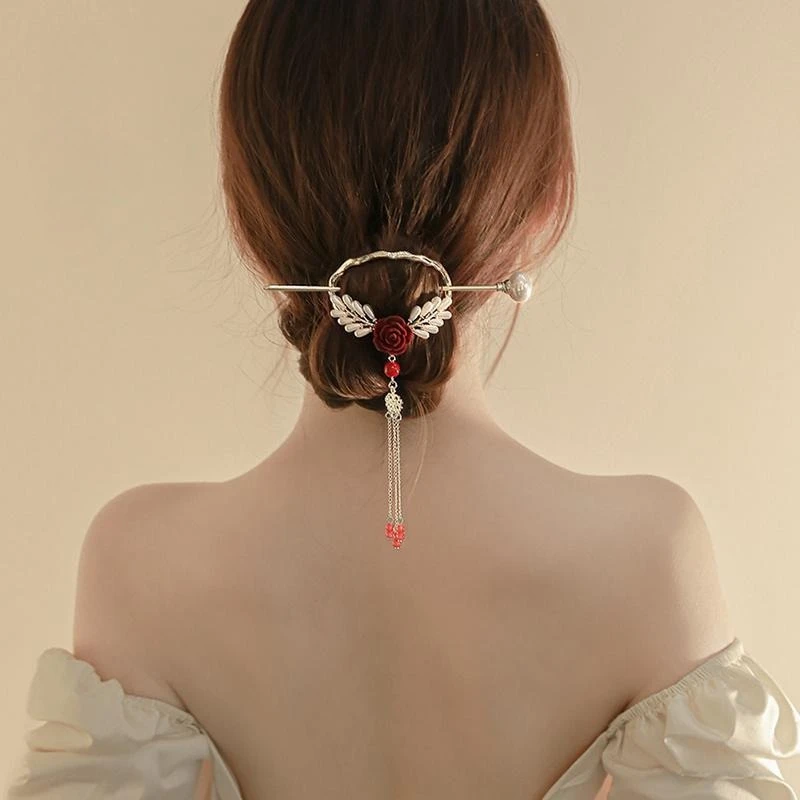 

Chinese Style Pearls Tassels Rose Flower Hairpins for Women Hair Styling Tools Accessories Female Ladies Hair Sticks Hair Clip