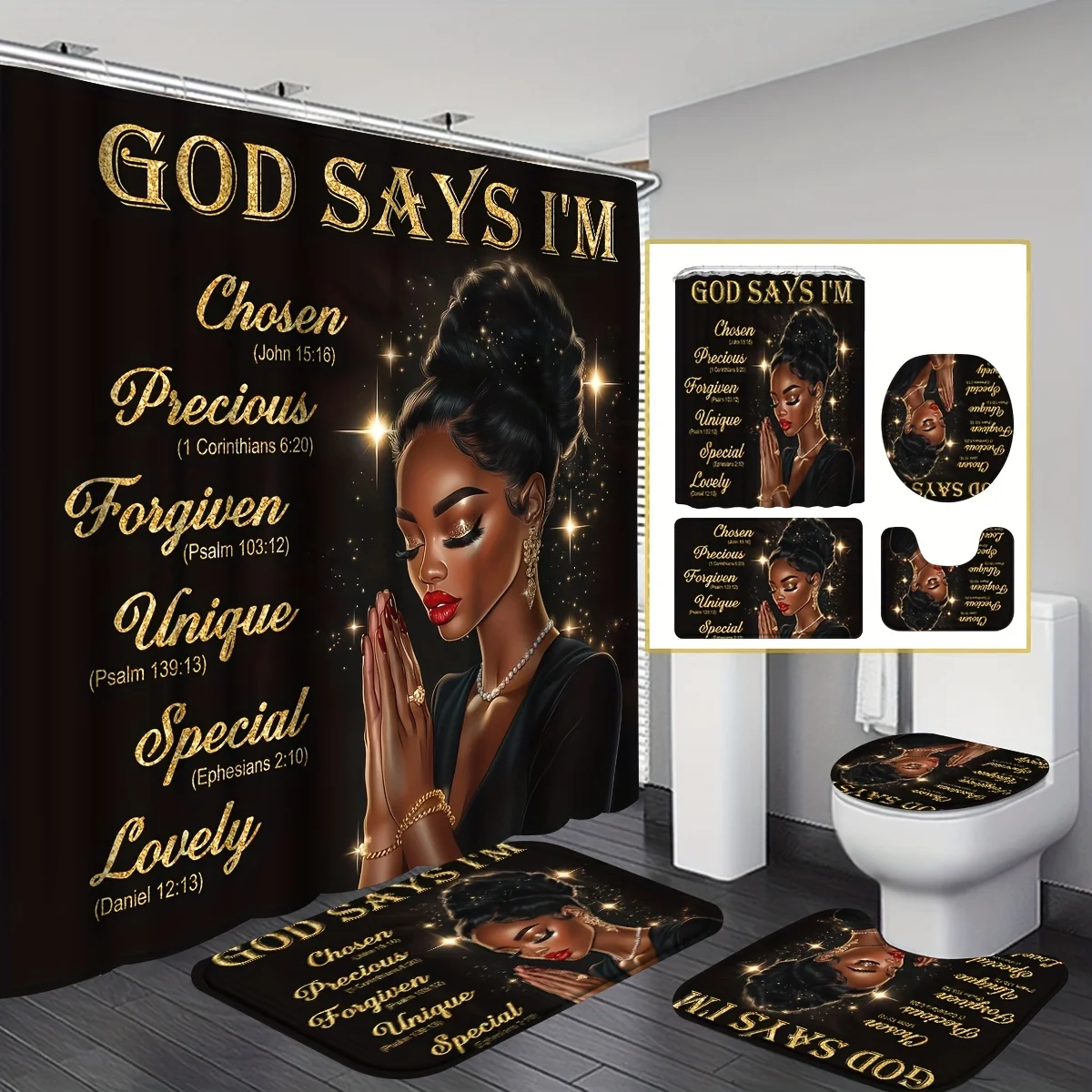4-Piece Faith-Inspired Shower Set: Printed Shower Curtain with 12 Hooks, Non-Slip Bath Rug, U-Shaped Toilet Mat, and Soft Toilet Lid Cover – Thoughtful Bathroom Decor Featuring Uplifting Words for Daily Moments