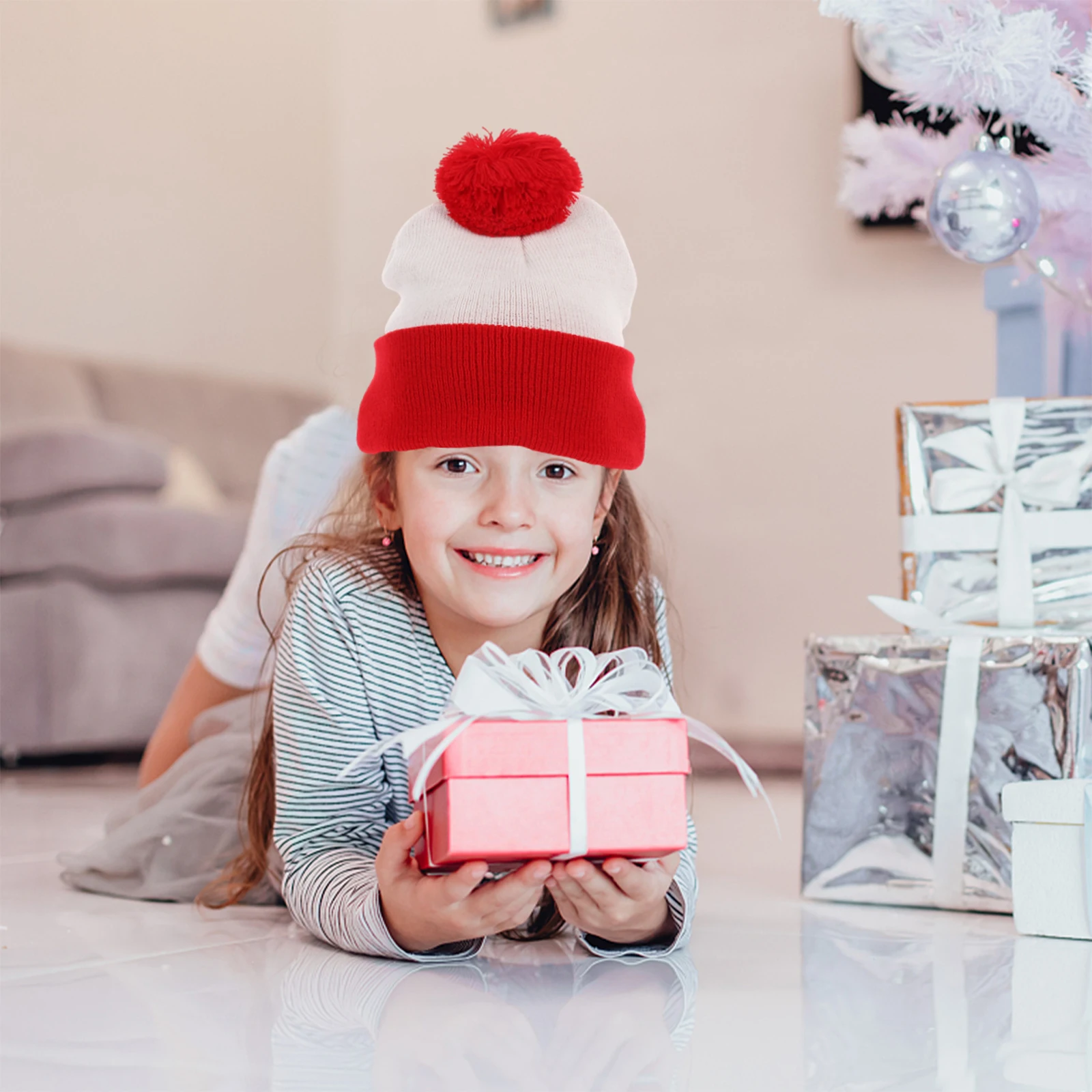 

Red White Winter Beanie Warm Wool Christmas Winter Hat Color Match Kids Child One Warm Hat Size Gifts Accessories