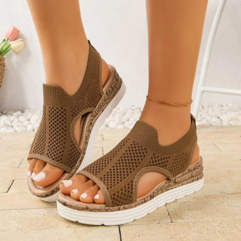 Damen-Schuhe 2026 Sommer Bequeme Freizeit-Sportsandalen Damen-Strand-Trend-Keilsandalen Damen-Mesh-Strick-Römersandalen