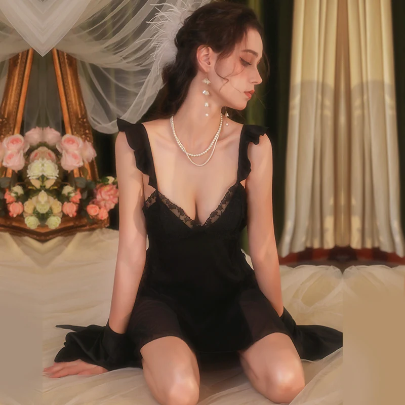 

DAIMELU women pajamas sexy nightdress lace sleepwear lotus leaf edge backless careful machine loungewear lady nightgown nighty