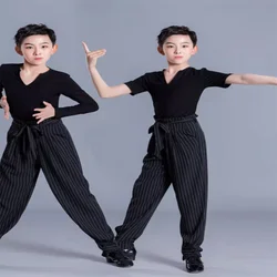 New black Boy Latin Dancing Sets boys Latin Dance clothing Children Rumba/Cha Cha/Samba Dancewear V-neck Modal fabric shirt