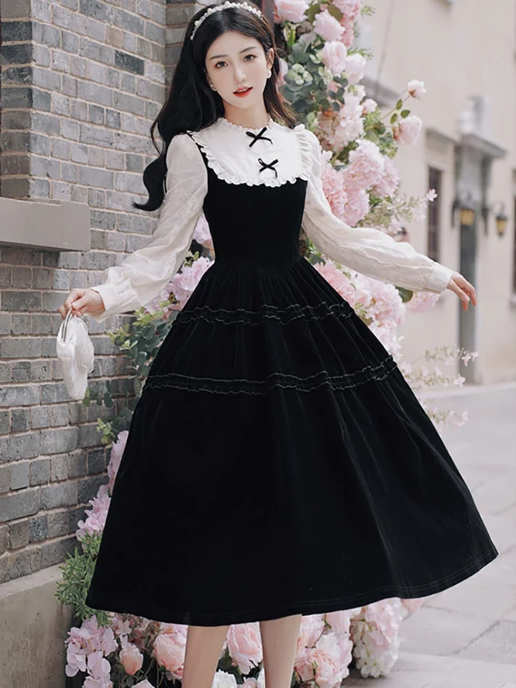 

2024 Black Velvet Patchwork White Ruffled Fake Two Piece Dress Women Korean Vintage Hepburn Dress 2024 Elegant Bodycon Vestidos