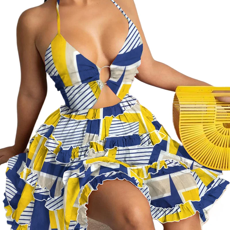 

Summer New Printed Halter Neck Mini Dresses For Women Sexy Deep V-neck Hollow Out Backless Leace-up Dress Beach Vestido Feminino