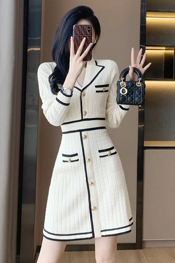 

2025 French Retro Suit Collar Knit Dress Women Belted Waist A-Line Long Sleeve Elegant Bouclé Tweed Luxury Fall Spring Premium