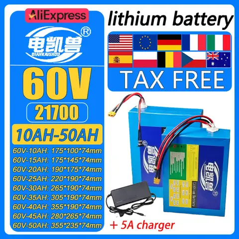 Nouveau 60V 50Ah 40Ah 30Ah 20Ah 15Ah 25Ah 35Ah 45Ah 21700 Li-ion batterie 50A BMS 3000W batterie de motos électriques + chargeur 5A