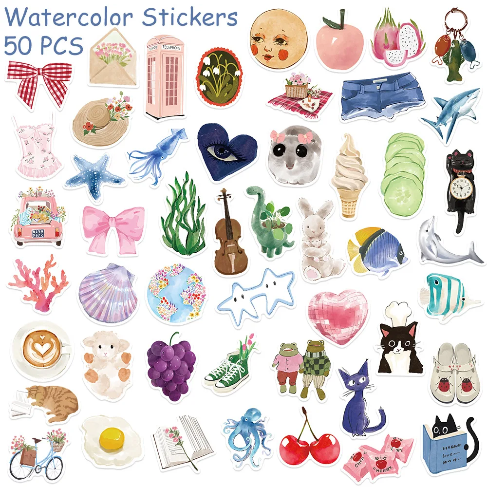 50/100pcs Watercolor Dairy Stickers Decals For Phone Laptop Scrapbook Luggage Helmet DIY Graffiti Aesthetic Stickers Gifts image 5