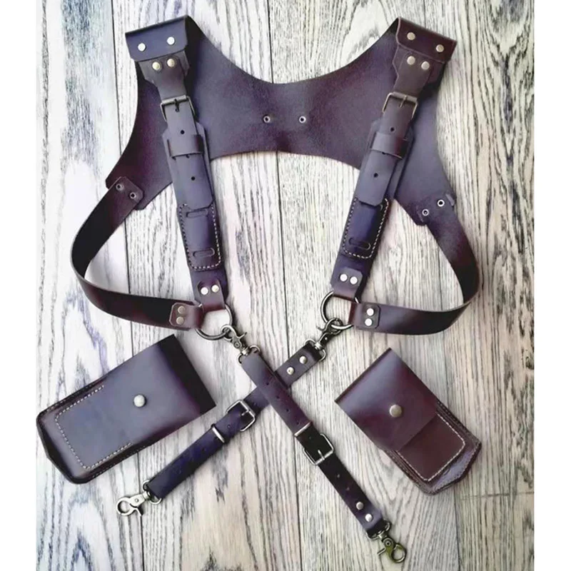 Medieval Steampunk Shoulder Chest Harness Bag Vintage Leather Phone Pocket Viking Costume Gothic Jeans Brace Suspender Holster