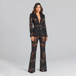 Black Lace Mesh Embroidered Sequin Pant Sets White New Designer Sequins Blazer Pants Set 2 Pieces Pants Suits Punk Suit Outfis