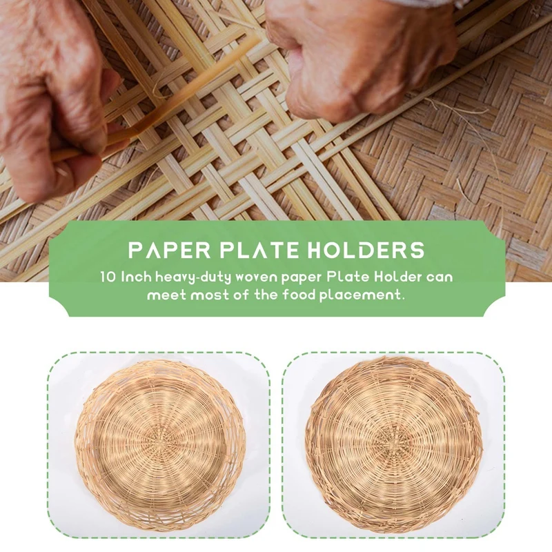 Bamboo Paper Plate Holder - 10 Inch Round Woven Plate Holder, Reusable Paper Plate Holders For Picnic Party