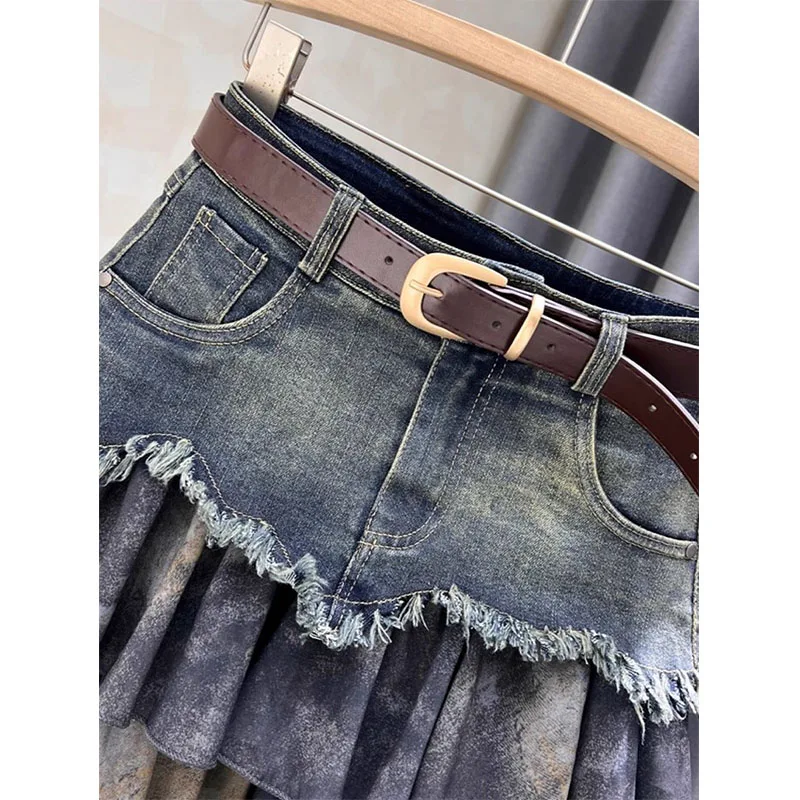 Spliced denim Skirt for Women New Age-reducing Versatile and Fashionable High-waisted Slimming A-line Short Skirt Trendy