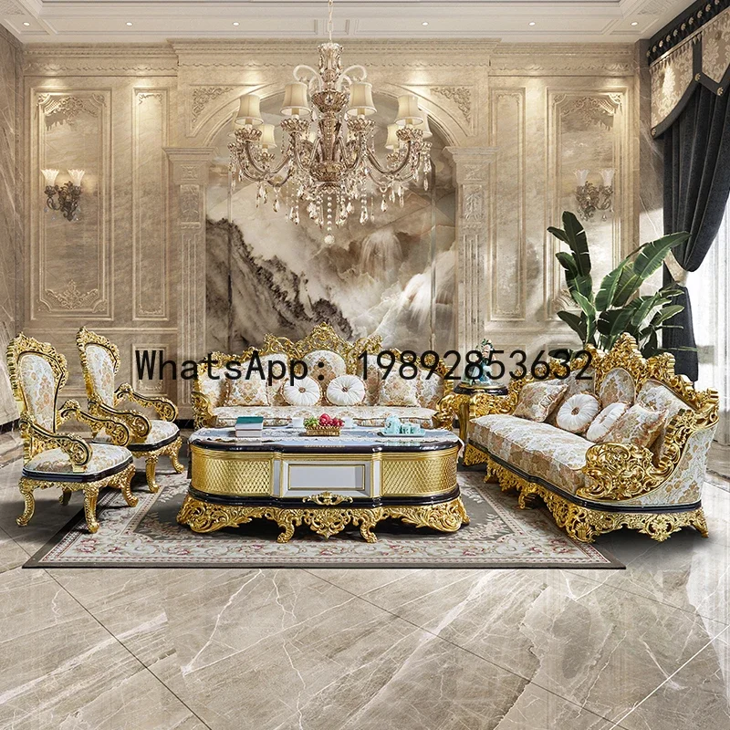 

H5.15 solid wood carving flower sofa living room imported fabric villa high-end sofa set