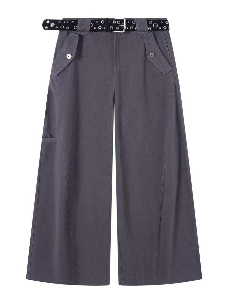 

IAMCPLUS American mat Classic Loose Workwear Wide Leg Pants Belt High Waist Cotton Casual Trousers for Women