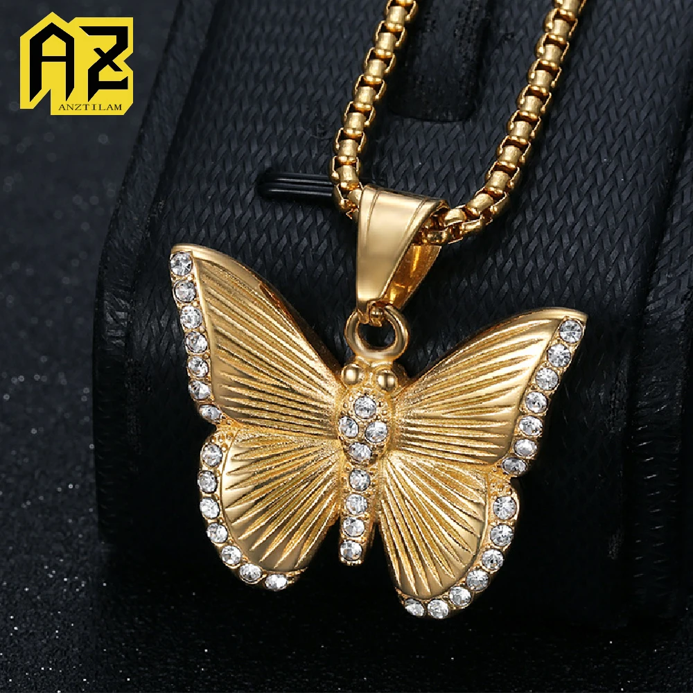 

Anztilam No Fade Shine Butterfly 316L Stainless Steel Iced Out Pendant with Long Link Chain Necklaces for Women Hip Hop Jewelry