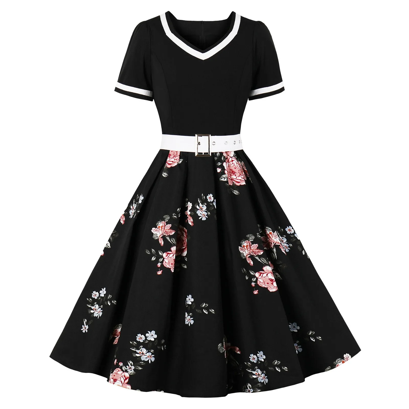 Vestido de festa vintage feminino com cinto, estampa de bolinhas, manga curta, Hepburn, Robe extragrande, Vestidos Rockabilly Pin Up, Anos 50, Anos 60, 2024