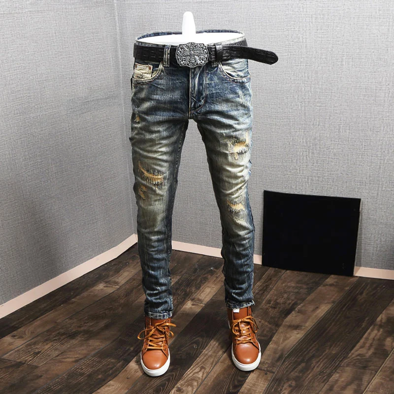 Streetwear moda masculina calças de brim retro azul fino ajuste destruído rasgado jeans retalhos designer vintage casual denim calças hombre