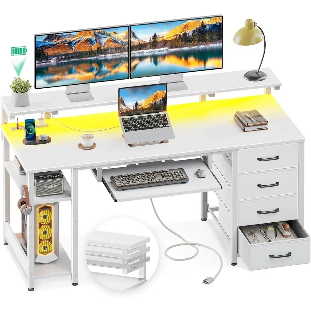 

63 Inch Computer Desk with Power Outlet and LED Light, Office Desk with Fabric Drawer and Keyboard Tray, Gaming Desk White