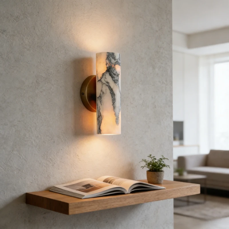 Minimalist Marble Wall Lamp Cylinder Shape Brass Base LED Sconce for Staircase Corridor Bedside Modern Home Decor