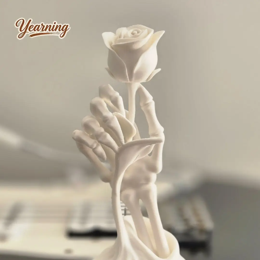 

3D Printed Skull Hand Holding Rose Art Decor Advanced Ornament Model Finished Artificial Flower Palm Desktop Decoration