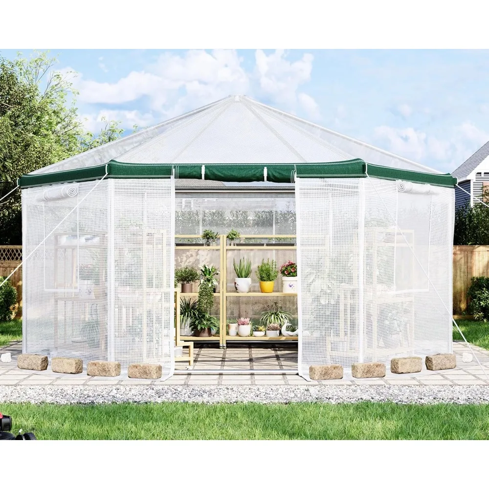 

13.5x13.5x9 FT Hexagonal Walk-in Greenhouse for Outdoors, Heavy-Duty Greenhouse with Windbreak Ropes, Waterproof PE Cover, Grou