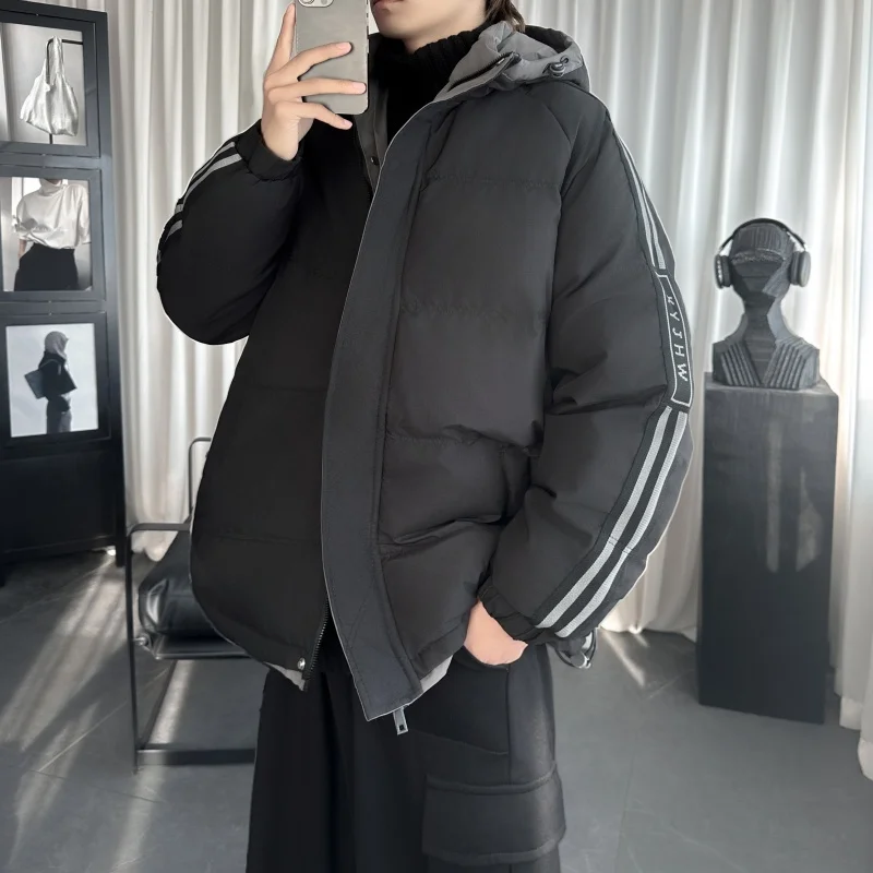 Winter Men's Fashion Parkas Hooded Quilted Jacket Man Side Striped Padded Coat Thick Windbreaker Outerwear Warm Clothes Black