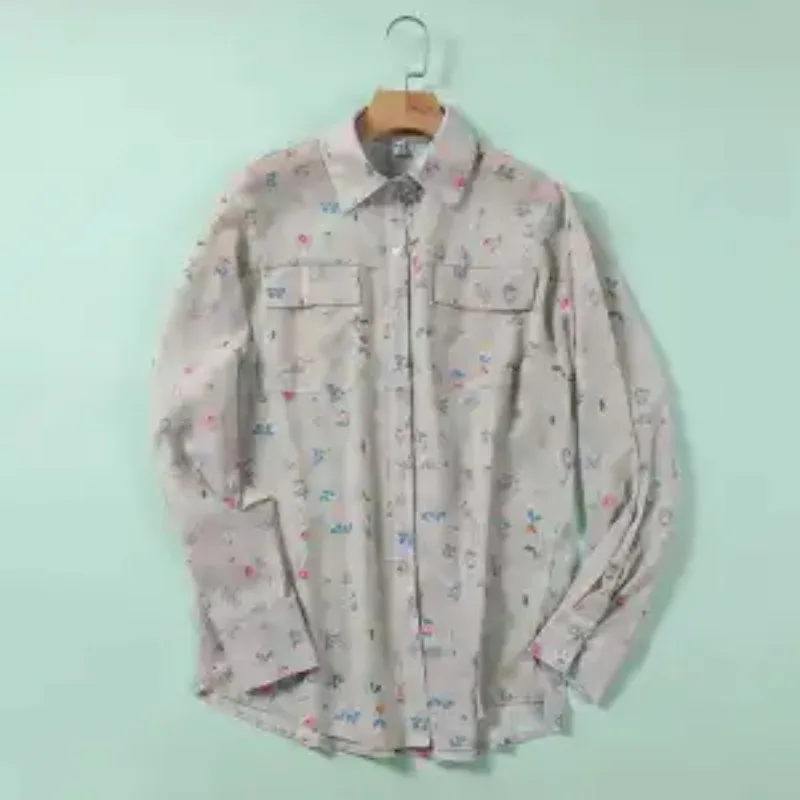 

2025 New Autumn Top See-through Chiffon Yarn Fresh Floral Double Pocket Women's Lapel Long-sleeved Button Splicing Cardigan