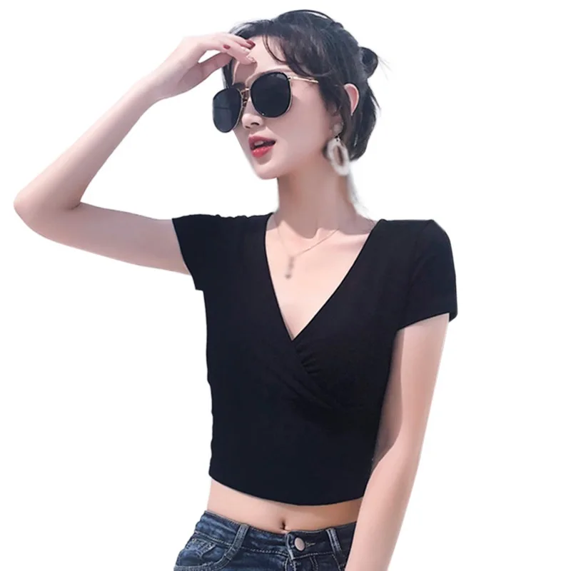 Women T-shirt V Neck Fit Short Sleeve Solid Cropped Top Pullover Workout Shirt