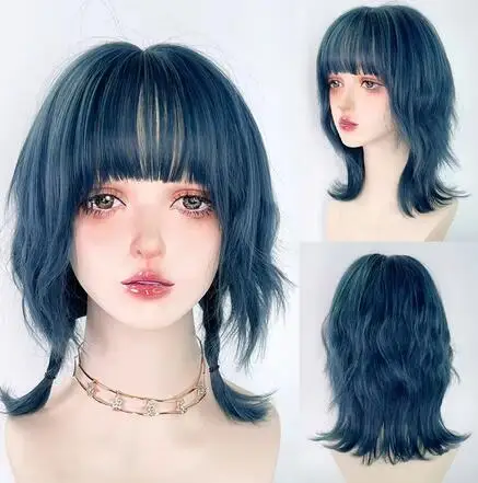 

Blue Synthetic Mullet Head Wig with Bangs Short Straight Lolita Anime Cosplay Fluffy Hair Wig for Daily Party