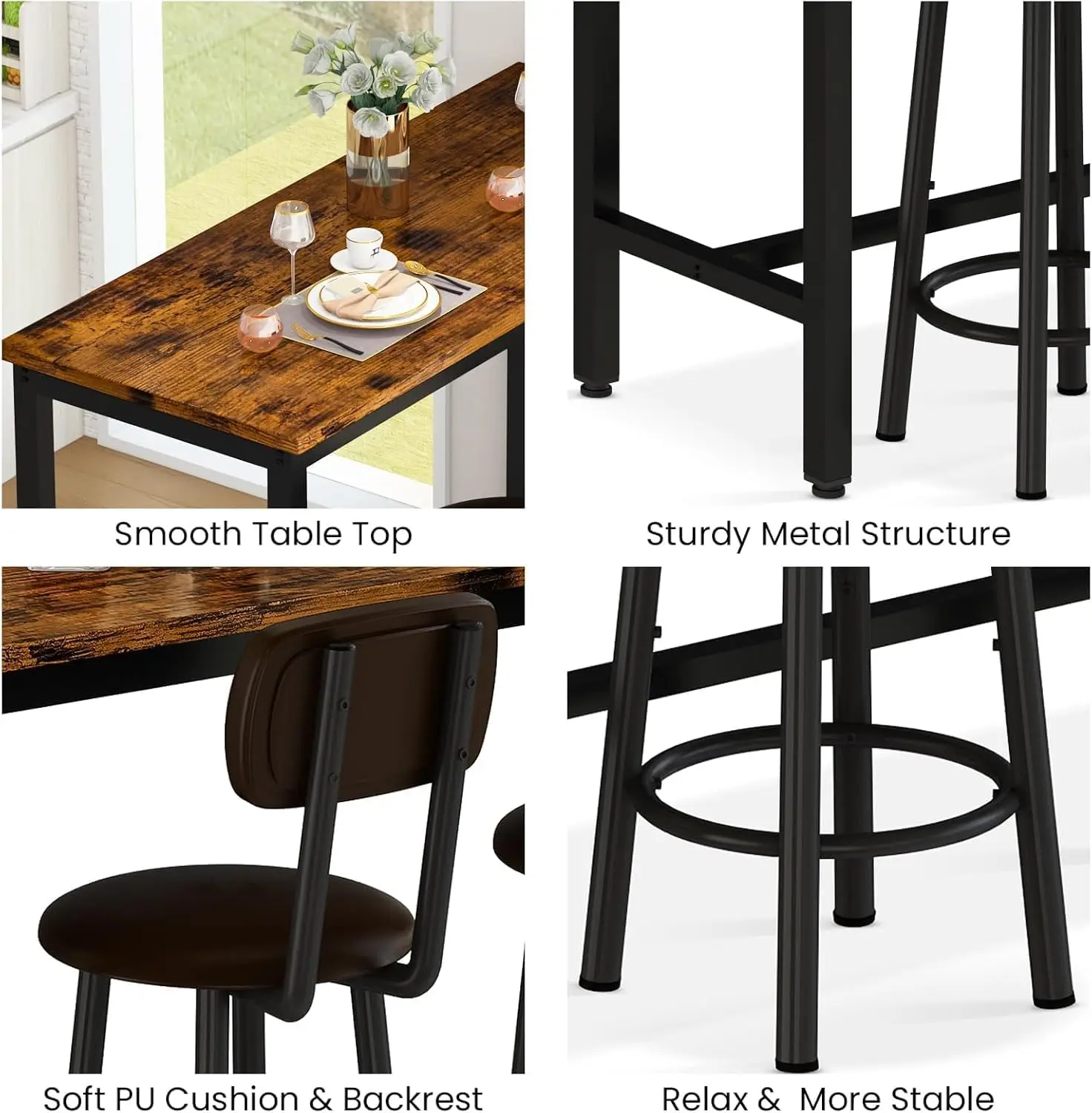 Bartisch-Set mit 2 Stück im Industriestil, 3-teiliger Küchentisch mit 2 Rückenlehnenhockern, Braun und Schwarz, kleiner Platz