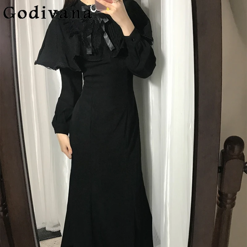 French Hepburn Style Black Cape Dress for Women Spring Autumn Waist-Cinching Lolita Dress Female Bodycon Mermaid Long Dress
