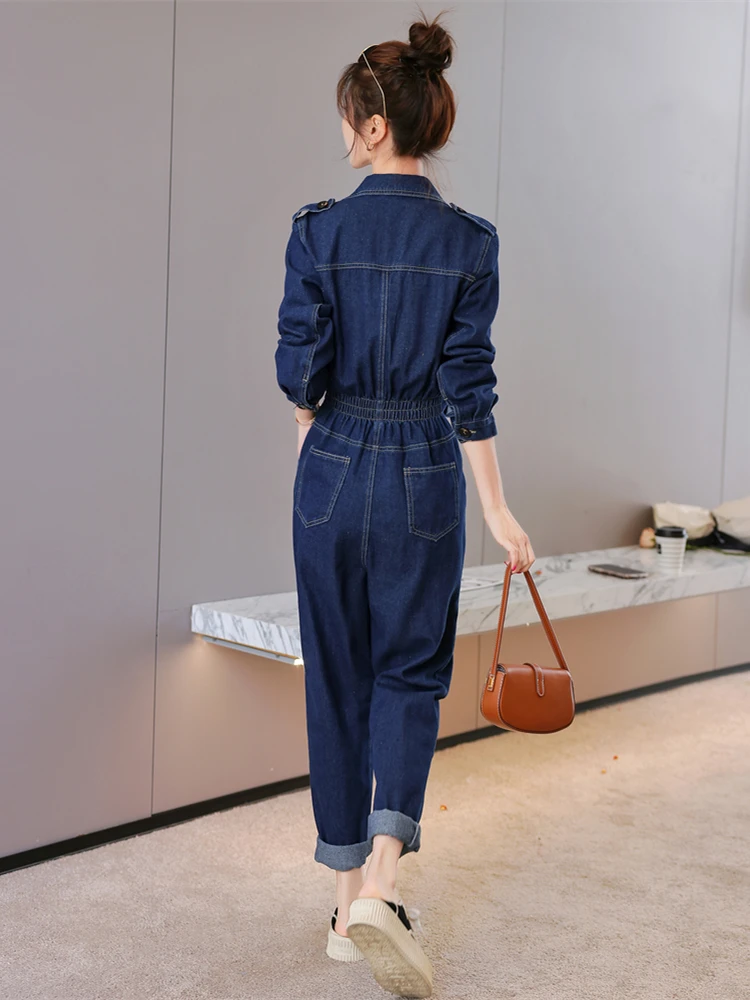 Eleganckie damskie ogrodniczki jeansowe z kołnierzykiem, wiosenno-jesienne, nowe, małe rozmiary, wysoka jakość, jednoczęściowe spodnie do pracy.