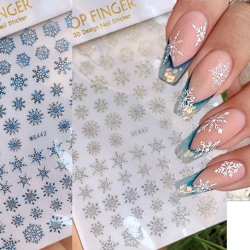 

3d Nail Art Stickers Winter Xmas Laser Blue Silver Snowflakes Christmas Day Decals For Nails Tips Decorations Manicures