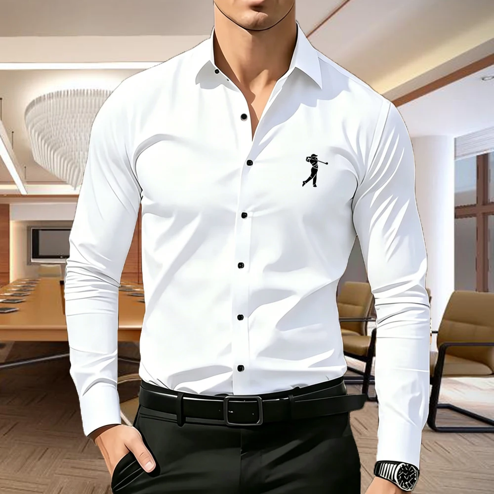 

Men's Slim Fit Long Sleeve Shirt Business Casual Button down Golf Player Print Blouse Wrinkle Resistant 5 Colors S-XXL
