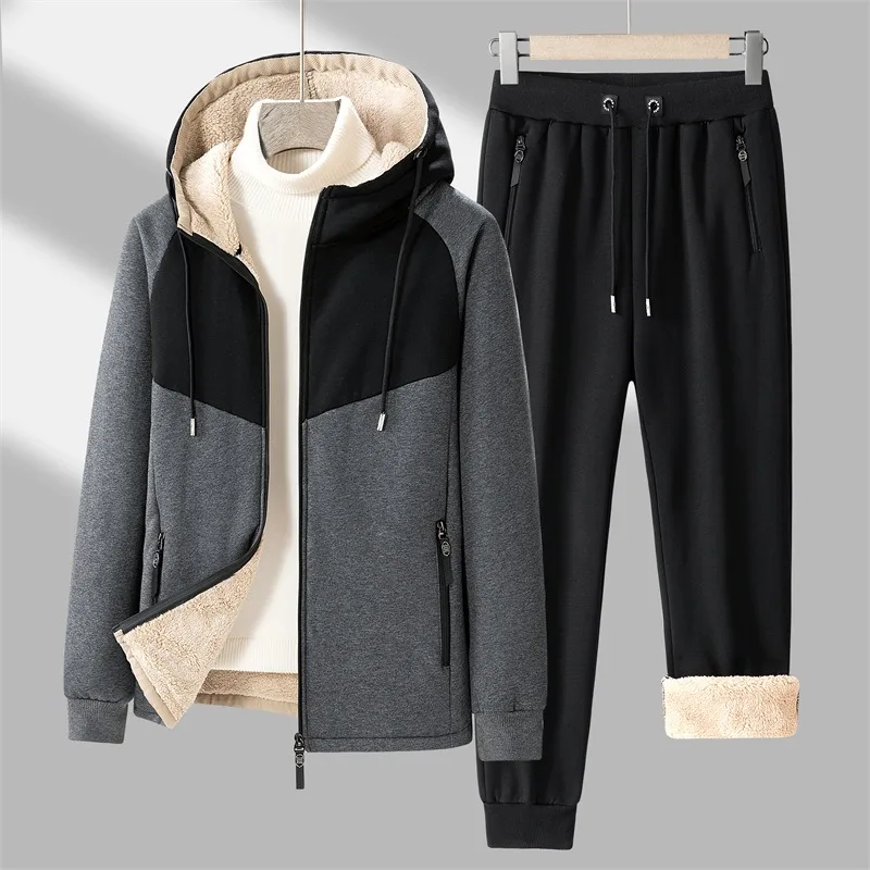 

Men's Thick and Warm Lamb Fleece Sports Two Piece Set Autumn and Winter Hooded Cardigan Sweatshirt Pants New Style Set