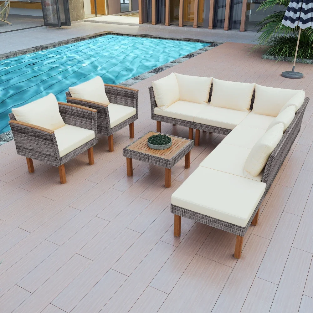 

9-Piece Patio Furniture Set,Conversation Set with Acacia Wood Legs and Tabletop, PE Rattan Sectional Sofa Set with Coffee Table