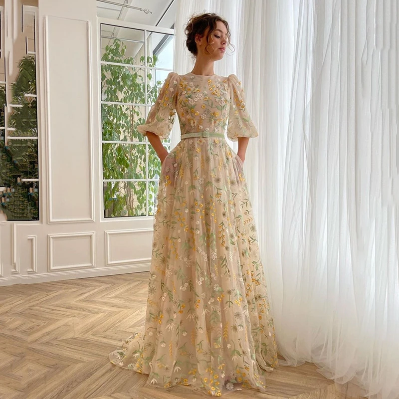 

Customized O-Neck Embroidered Flowers Prom Dresses With Puff Half Sleeve Floral Long Evening Dress With Belt For Graduation