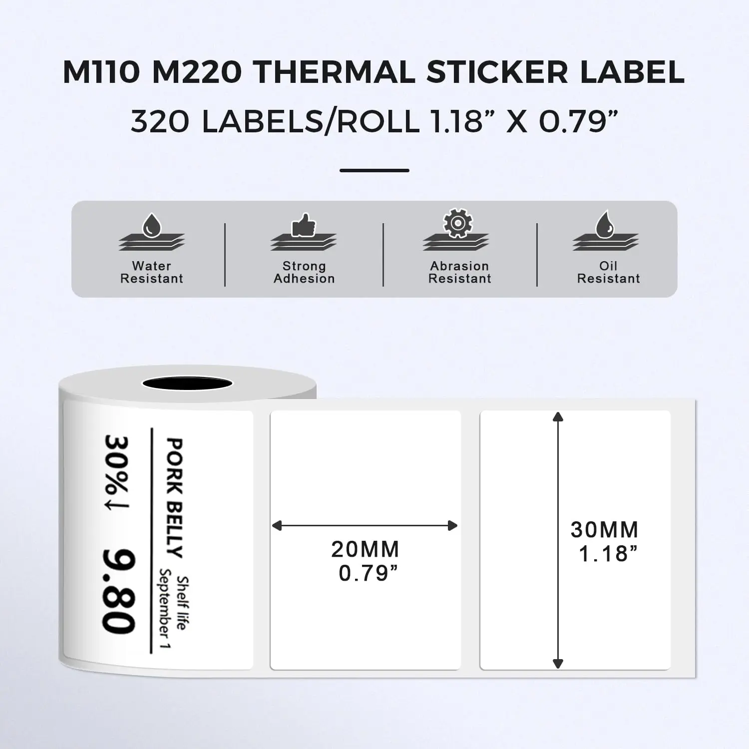 M110、m221、m220、m120、m200ラベルプリンターと互換性のあるサーマルラベル、1.18x0.79 "30x20mm、320ラベル/ロール、白地に黒