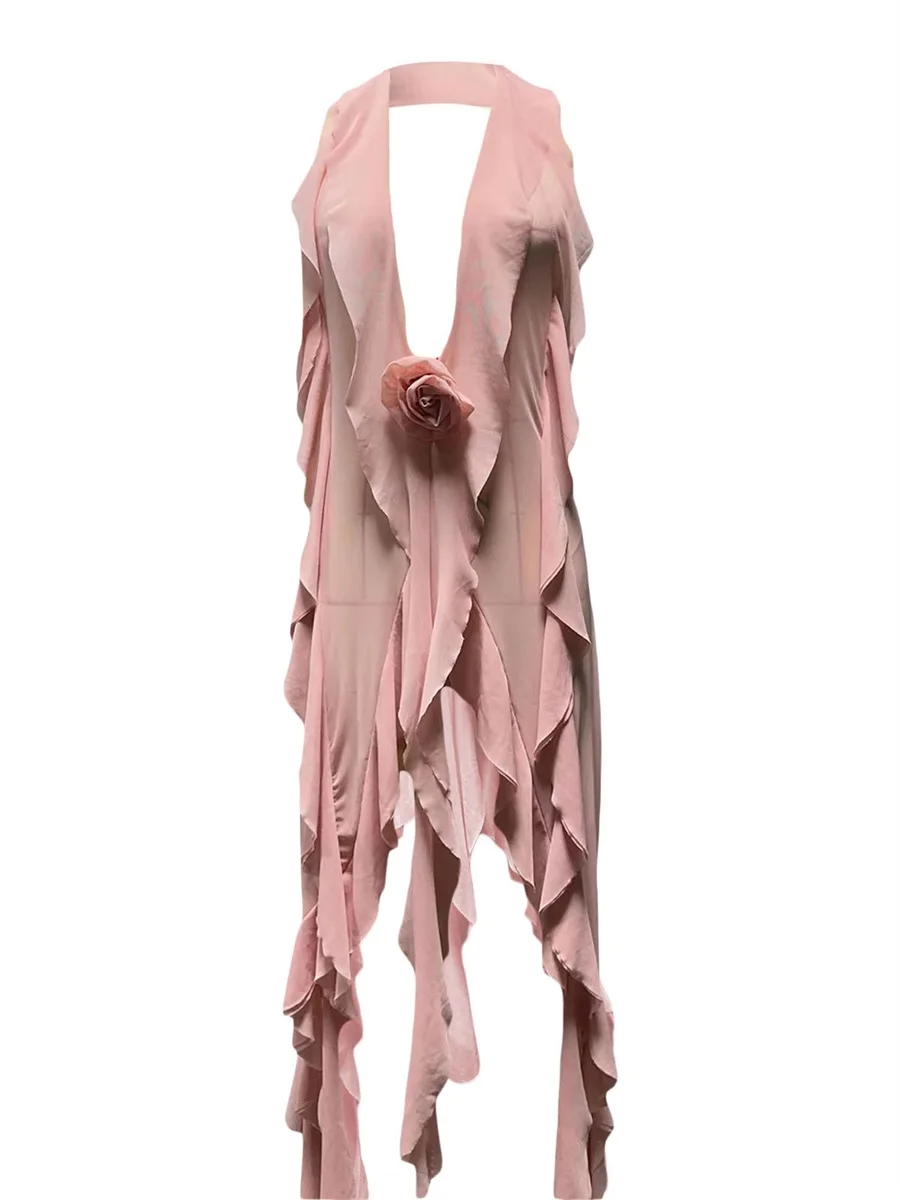 Women Sexy Sheer Mesh Strapless Irregular Ruffle Hem Tube Dress Floral Tassels Split Ruched Strapless Midi Dress