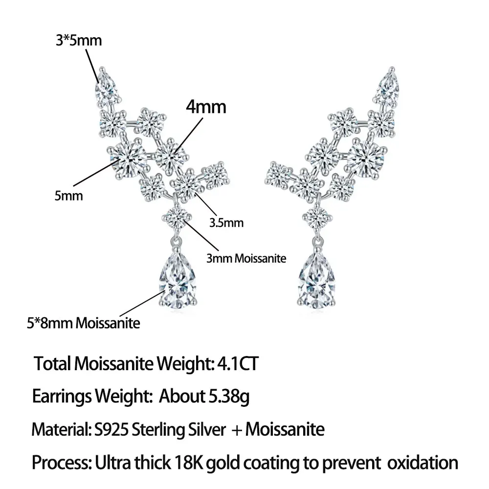 LinkerLove Moissanite Climbers Dangle Drop Ear Women 925 Silver Diamond Leaf Vine Crawler Pendant Earrings Wedding Jewelry Gift
