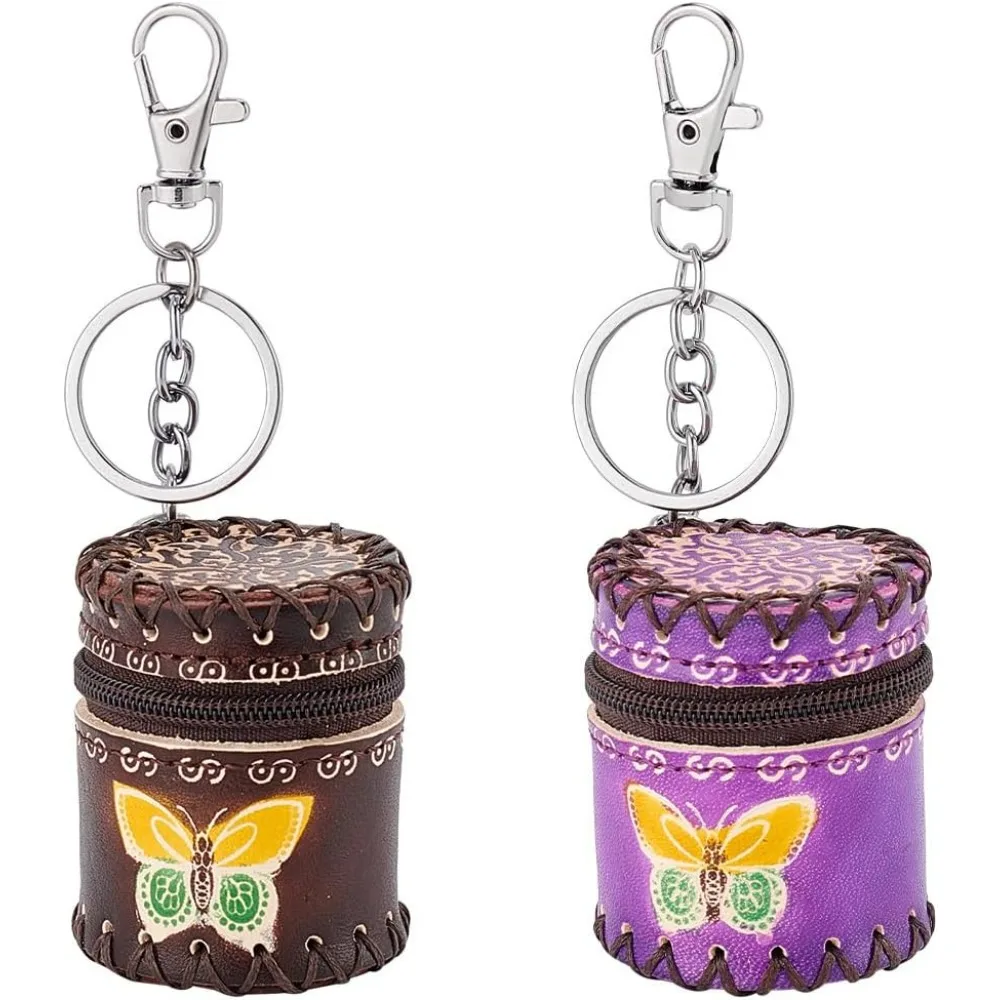 

2Pcs Portable Mini Bucket Bag Keychain Leather Bag Pendant with Butterfly Pattern and Zipper Column Personalized Bag Keychain