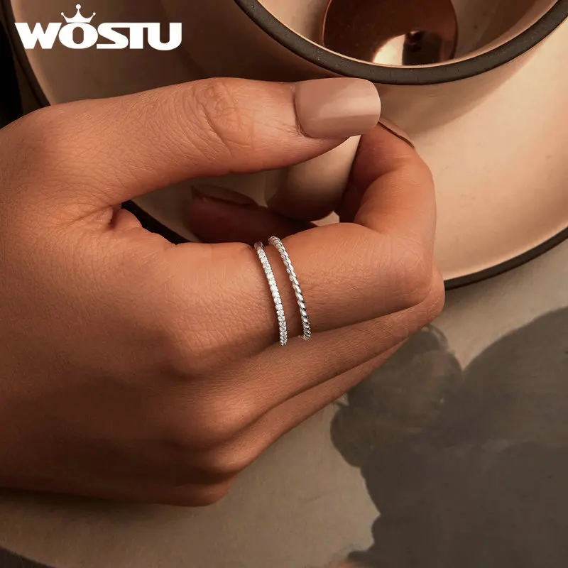 WOSTU Real 925 Sterling Silver Double Laryer Zircon Ring For Women European Simple Zircon Party Stackable Rings Birthday Jewelry