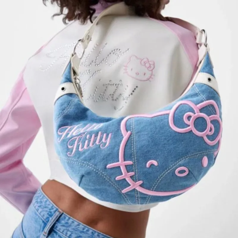 Bolsa MBTI Hello Kitty Denim Vintage para Mulheres, Bordado Bonito, Moda Cartoon, Bolsa de Ombro, Casual Feminina, Bolsa de Axila Diária, Nova