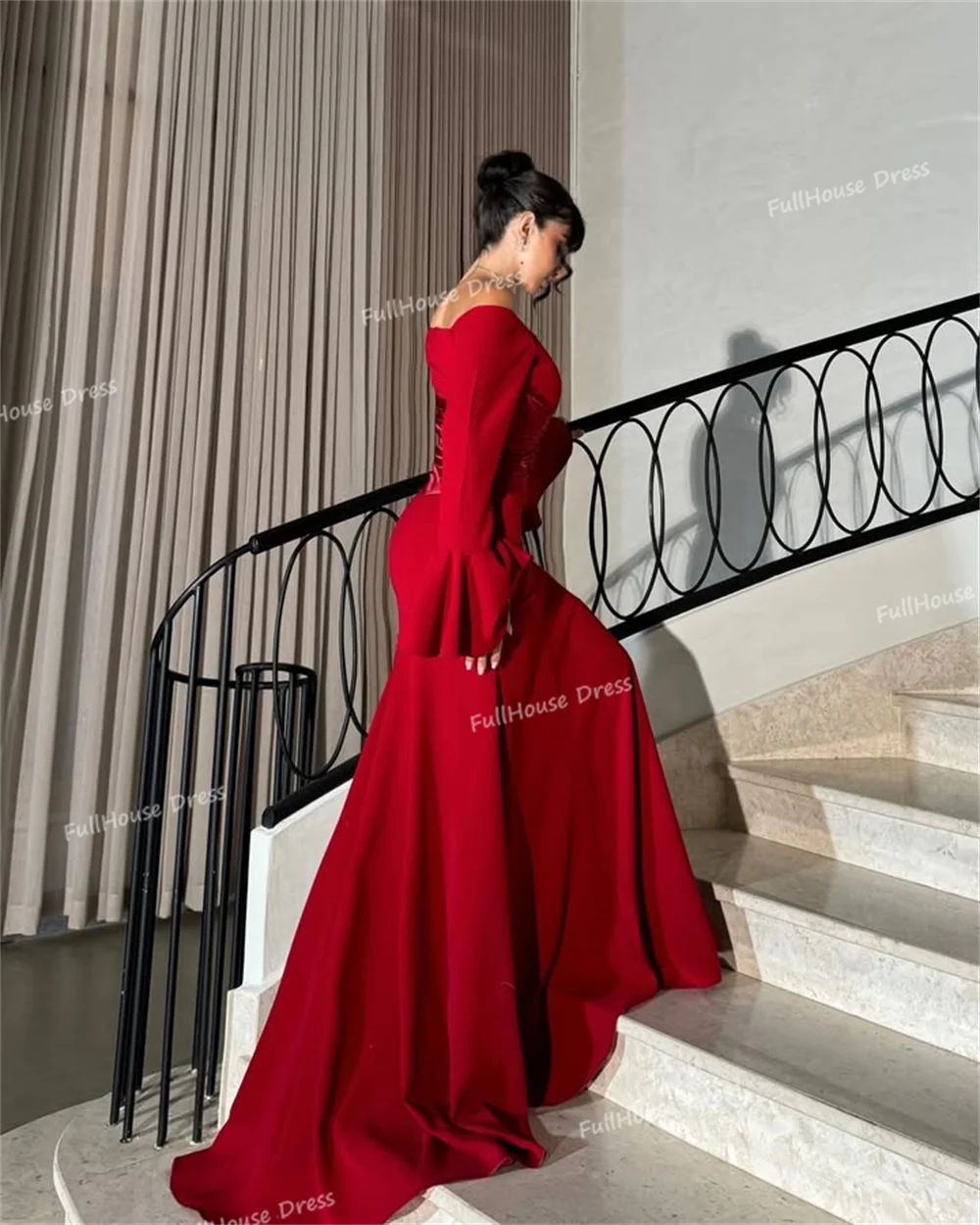 Vestido de noche drapeado con cuello barco modesto hecho a medida, vestido de noche Sexy sin espalda hasta el suelo, vestido saudí plisado de manga larga con tren