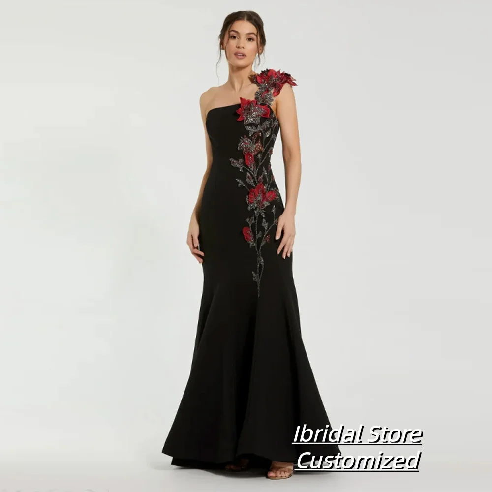 

Customized Flowers One Shoulder Evening Dress Stretch Appliques Saudi Arabic Women Wedding Party Prom Special Occasion Gowns