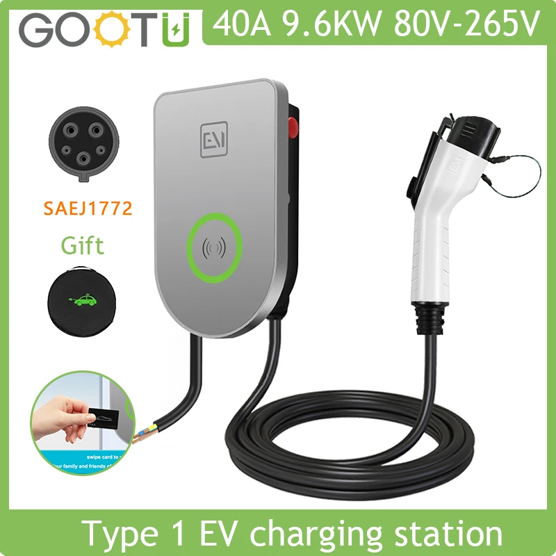 EV Charger Type 1 9.6KW 40A 220V 1 Phase Electric Vehicle Swipe Card 5M Activation Charging Station Wallbox With SAE J1772 Plug