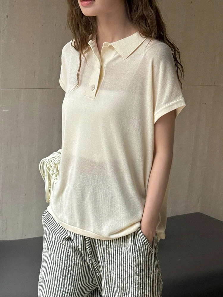 LANMREM Minimalism Lapel Short Sleeve T-shirt For Women Solid Office Lady Sunscreen Female Tops 2024 Summer New 26D9549