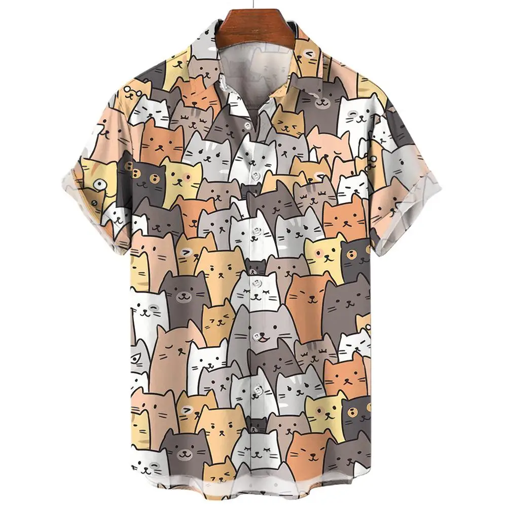 Casual Men\'s Shirts Anime Cat Graphic Shirts For Men Summer Oversized Tees Short Sleeve Tops Harajuku Streetwear Men\'s Clothing