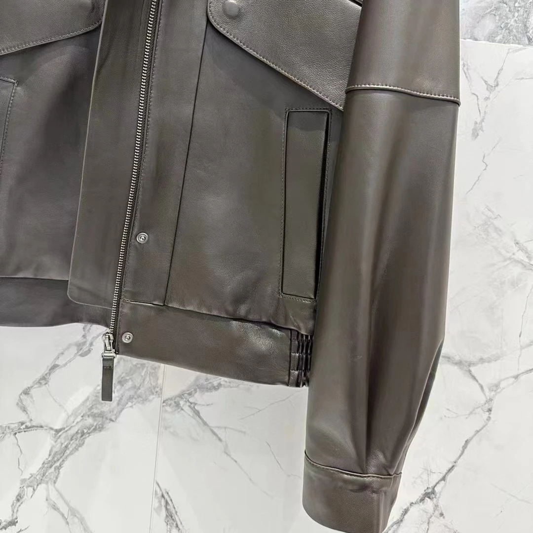 Cappotto con colletto rialzato in pelle di pecora Giacca corta con cerniera a maniche lunghe Giacca in pelle da donna